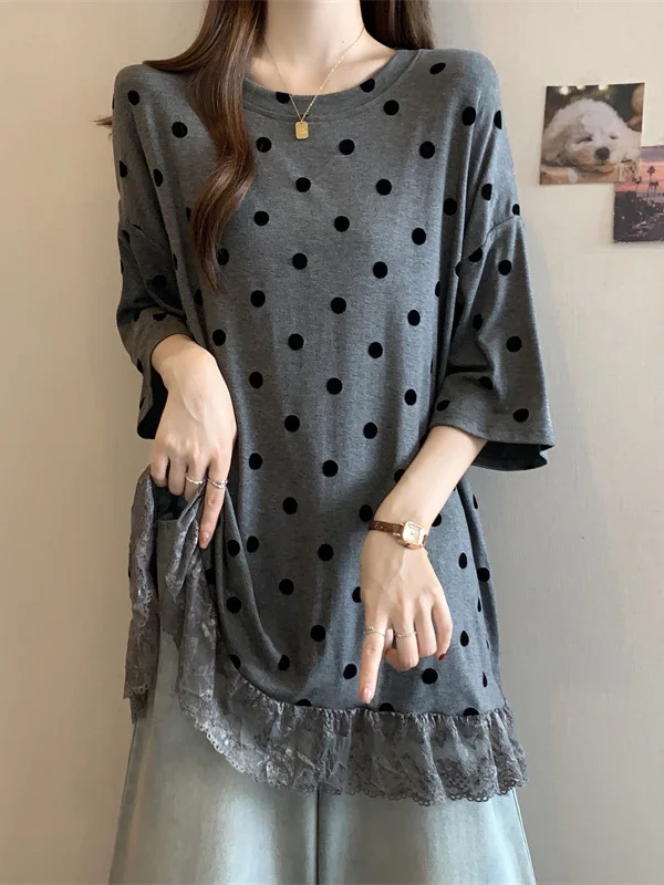 Polka Dot Lace Splice Short Sleeve T-Shirt Women's Summer New plus Size Cover Belly Mid-Length Base Shirt Korean Style Loose Fit