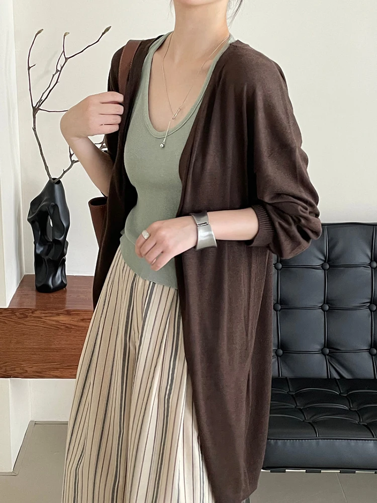 [EAM] Brown Big Size Thin Knitting Cardigan Sweater V-Neck Long Sleeve Women New Fashion Tide Spring Autumn 2024 1DH6741