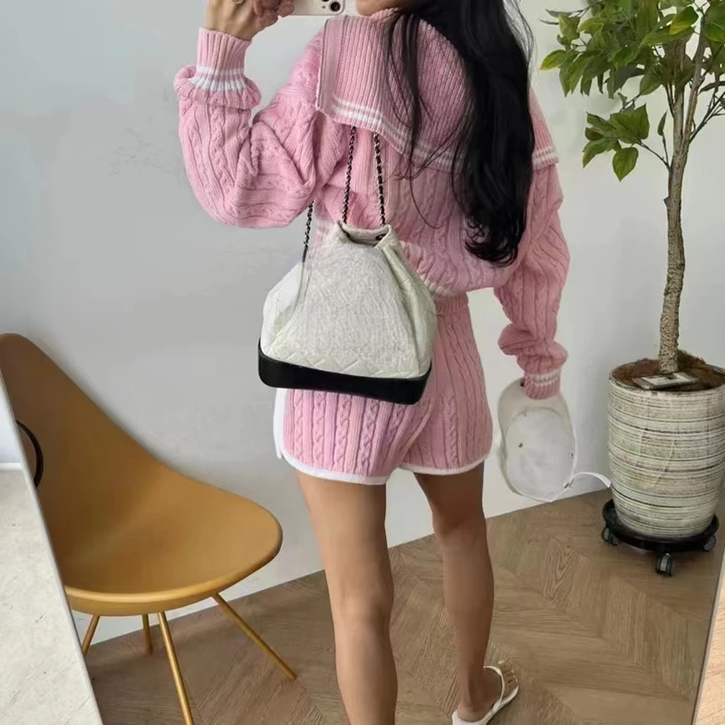 korean 2 Piece Sets Womens Outfits Fashion zipper Short tops Knitted sweater and shorts two piece set Women sexy club pink suits