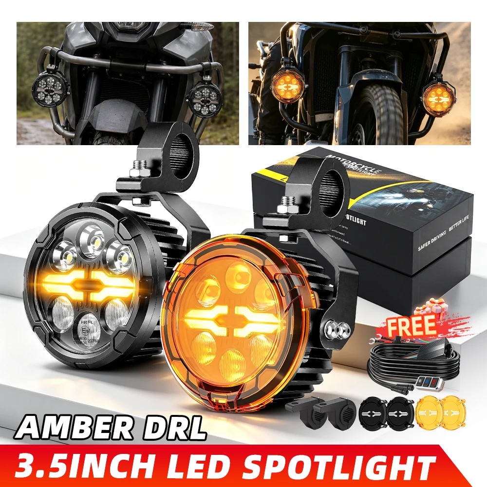 Braveway 3,5-Zoll-Rund-LED-Motorrad-Zusatzscheinwerfer mit Fern-/Abblendlicht und X-förmigem gelbem Tagfahrlicht, 6-LED-Fahrlicht mit Kabelbaum, Schalter, Stroboskop- und Überholblitzfunktion für