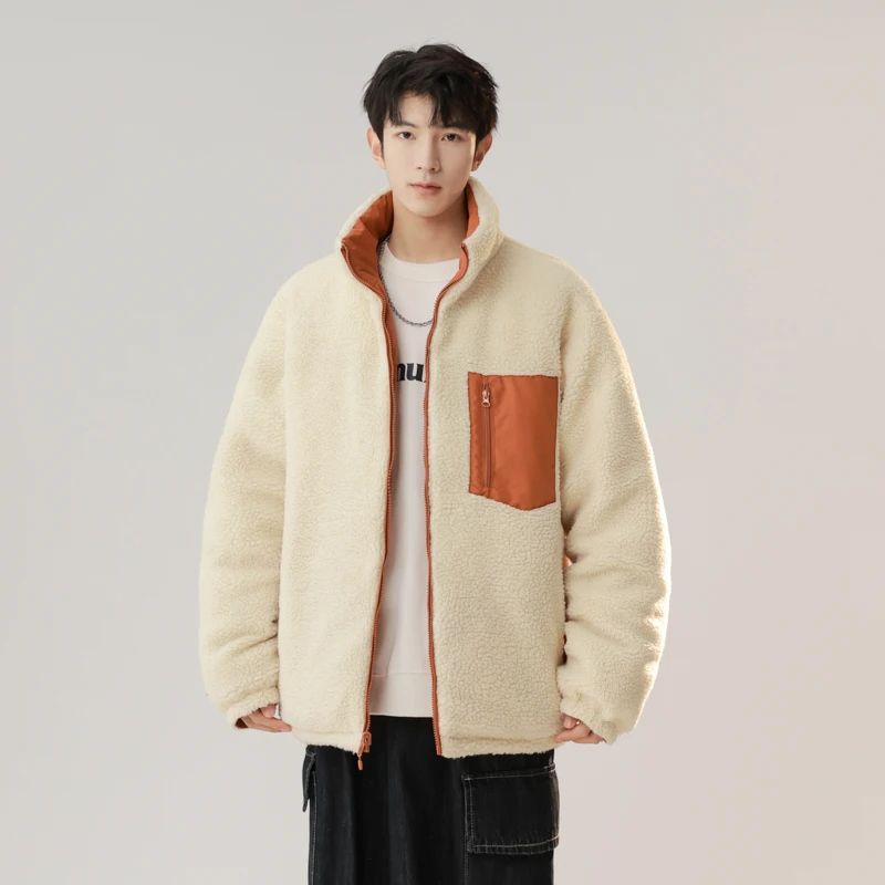 Winter Men Lamb Wool Outdoor Jackets Double-sided Jackets Male Thicken Furry Warm Comfortable Outerwear Stand Collar Fleece Coat