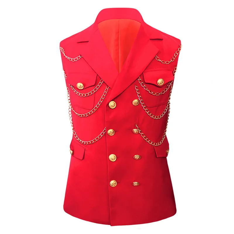 

Bar Male Singer Stage Metal Chain Waistcoat Red Black Double-breasted Fringe Vest Dance Group Concert Performance Party Vest