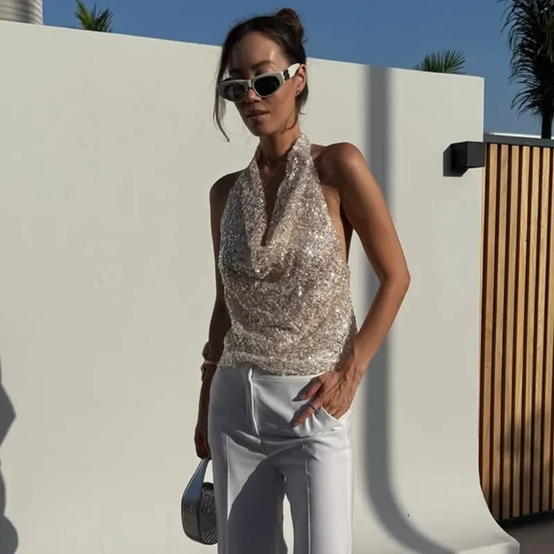 قميص قصير أنيق مزين بالترتر اللامع مثير للفتيات مثير بدون أكمام وظهر مكشوف ورقبة رسن علوية فاخرة للحفلات Y2k ملابس علوية للسيدات