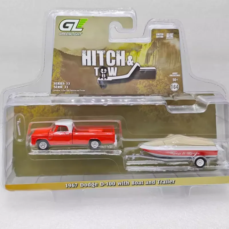 Greenlight - Modelo de Coche de Aleación a Escala 1:64, D-100 de 1967 con Bote y Remolque, Clásicos, Recuerdo para Adultos, Exhibición Estática