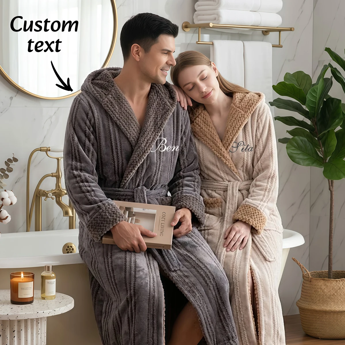 Albornoces Personalizados con Capucha y Rayas para Parejas | Batas personalizadas con bordado de nombres a juego | Pijama de Forro Polar de Dos Tonos
