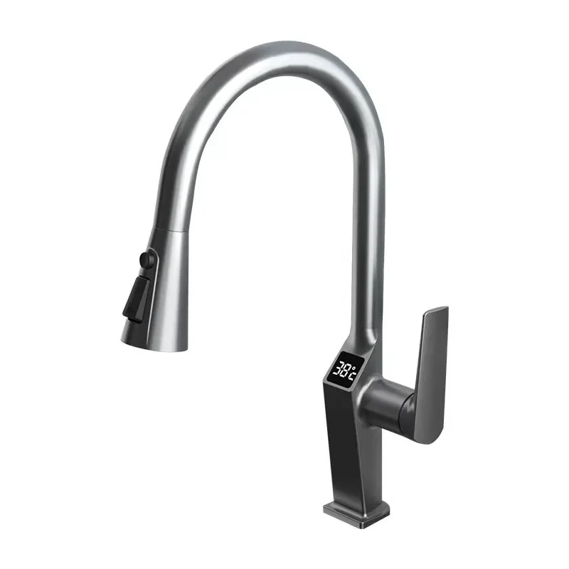 LED Digital Display Kitchen Faucet Pull-out Type Rotatable Three-function Cold & Hot Stainless Steel Splash-proof Sink Tap