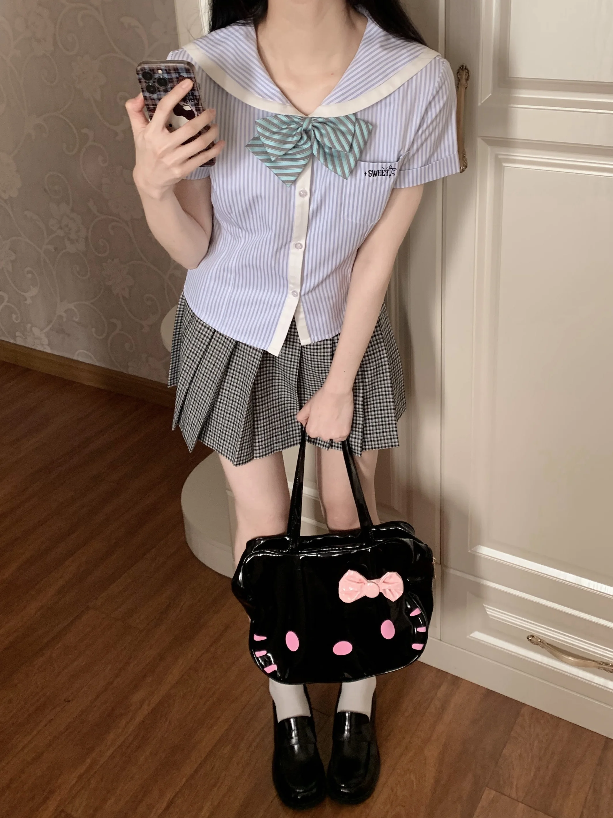 

Summer ort Sve Women's irt Waist Cinched Sailor Collar Striped Jk orm School Sle Top Color Blo College Wind irt