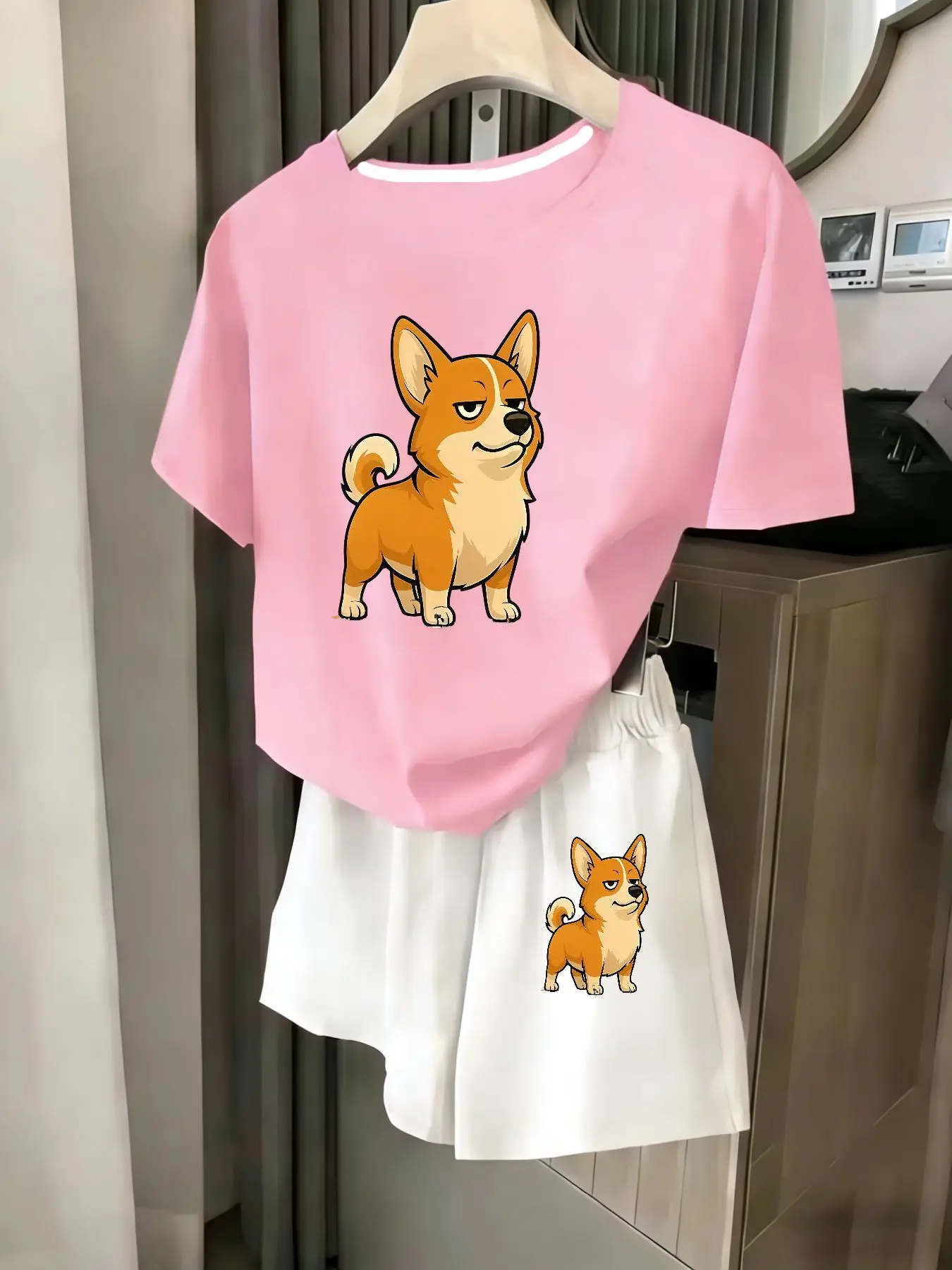 

Ladies 2-Piece Set Summer Beach Vacation Casual round Neck Short Sleeve Random Print T-Shirt Elastic Waist Shorts Suit Comfortab