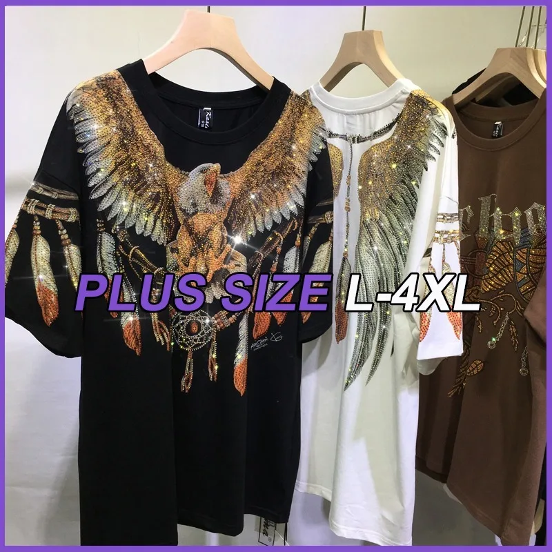 

Plus Size T-Shirts Fashion Rhinestone Diamond Harley Eagle Double Sided Wing Feather Couple Top 3XL 4XL Women Short Sleeved Tees