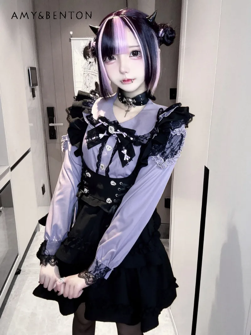 

Original Mine Series Mass-Produced Japanese Lolita Sets Sweet Bow Off-Shoulder Long Sleeve Shirt Strap Puff Skirt Two-Piece Set