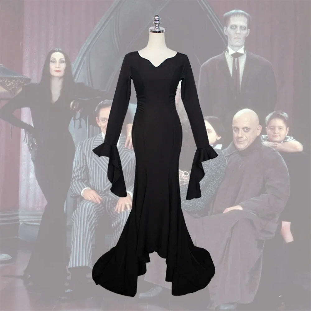 

Morticia Addams Cosplay Costume WedMedieval Vampire Black Sexy Witch Ghost Evening Dress for Women Halloween Carnival