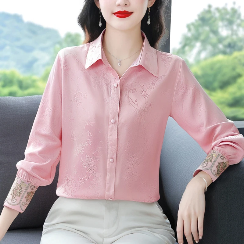 Camicetta da ufficio a maniche lunghe con camicia in raso jacquard da donna - Design elegante con ricamo per top primaverili autunnali da lavoro