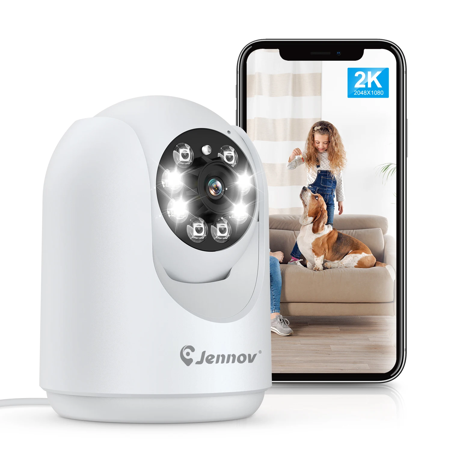 Jennov-Caméras de sécurité intérieures pour animaux de compagnie, moniteur bébé WiFi, caméra panoramique et inclinable, vision nocturne, document, audio bidirectionnel, 3MP, 2K, 2 pièces