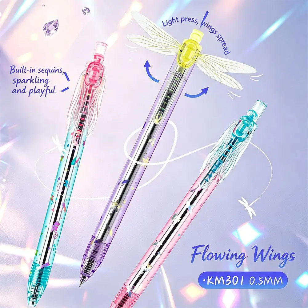 Dragonfly Wing Click Pen Black Ink 0.5mm Creative Pop-Open Wing Design Fun Novelty Click Pen Barrel Supplies Gift Random Color