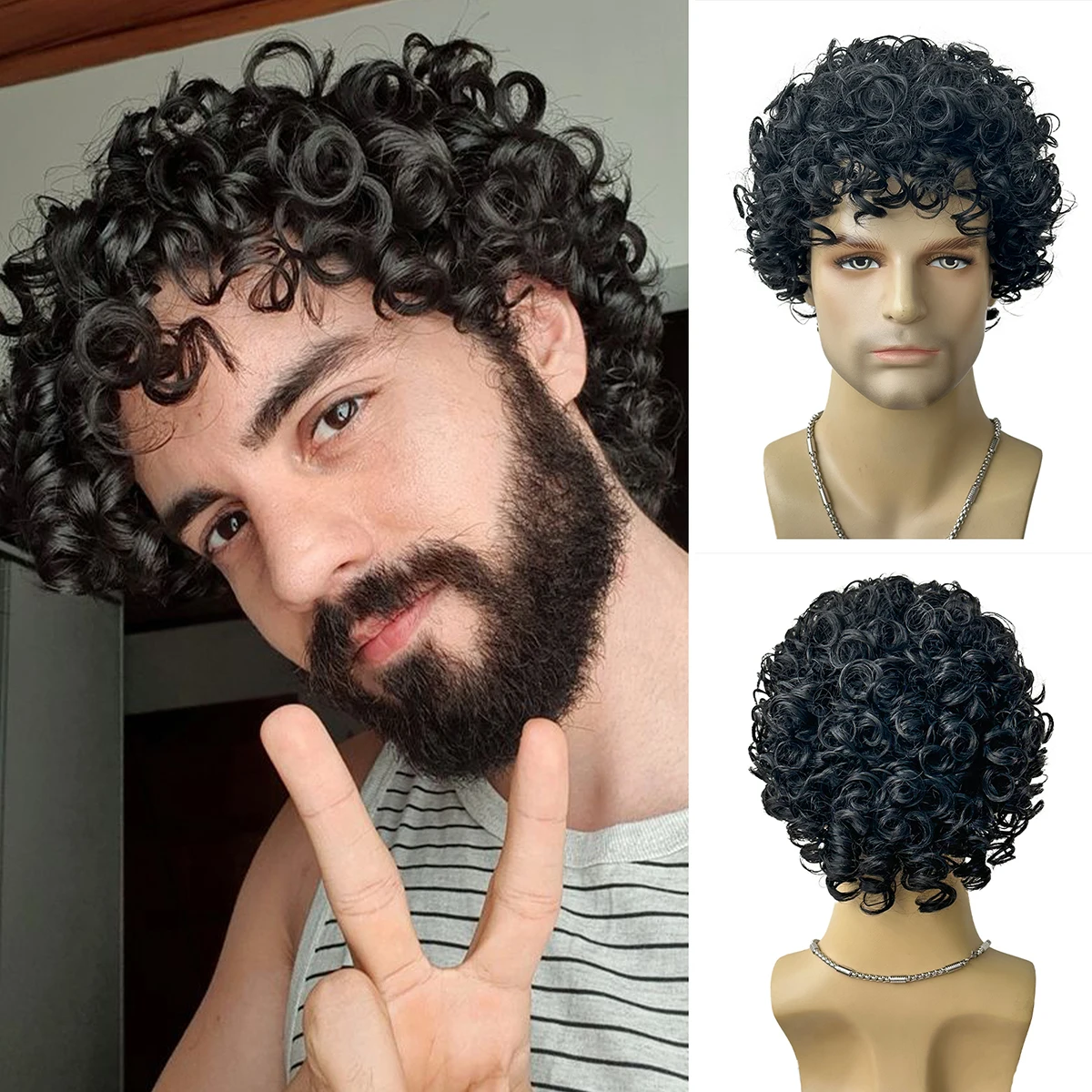

BCHR Mens Wig Short Curly Afro Wigs for Men Natural Curly Layered Synthetic Replacement Wig for Male Party Cosplay Halloween