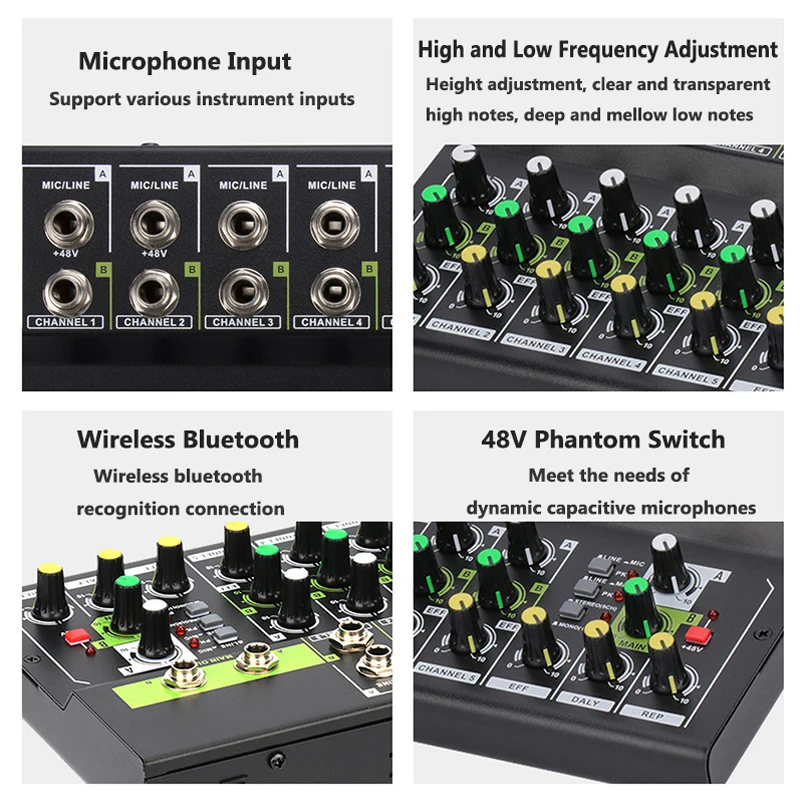10 Channel Mixing Console Digital Audio Mixer Stereo Mic/Line Mixer Reverb & 48V Phantom Power for Recording DJ Live Karaoke