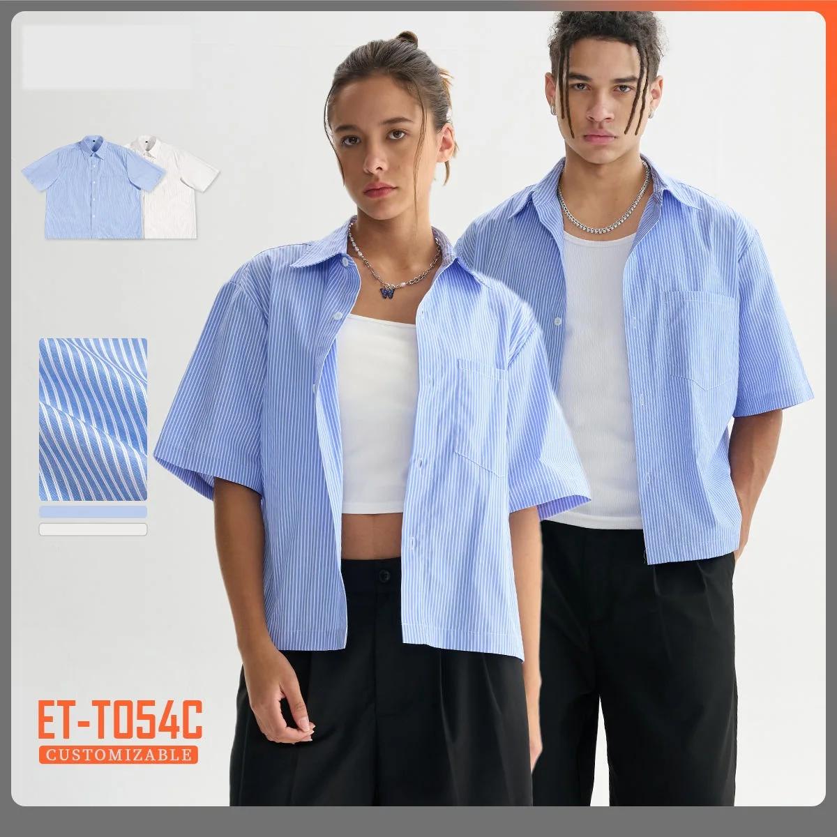 Men's Summer Oversized Formal Shirts Button Up Cropped Dress Short Sleeve Custom Logo Striped Office Work Clothes Top