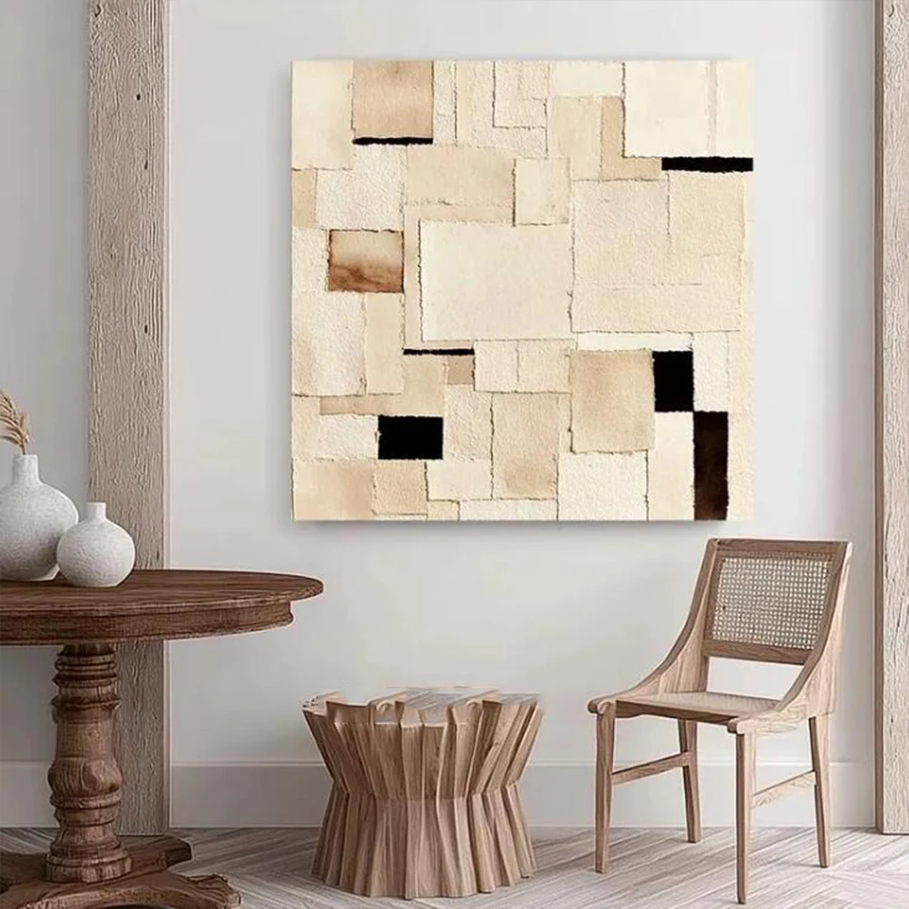 

Large Wabi Sabi Style Brown Beige Textured Canvas Painting Minimalist Grass Wood Wall Hanging Art for Home Decoration