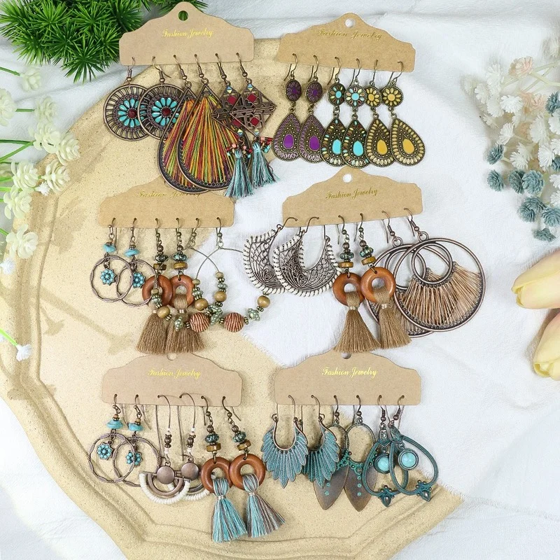 New Earring Set Female Retro Holiday Style Large Circle Earrings Boho Jewelry Pendientes Bohemian Fashion Tassel Accessories