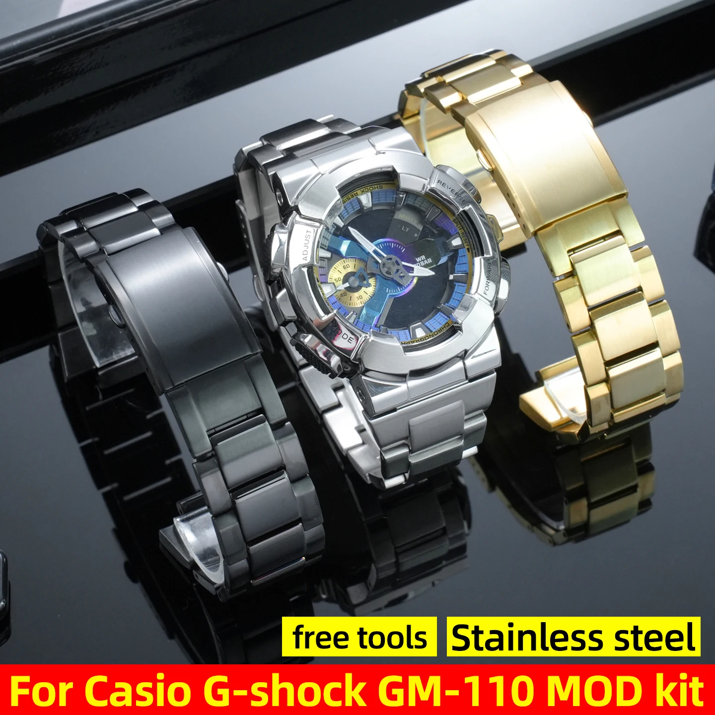 

Комплект для модификации GM110 для часов Casio G-Shock GM-110: модифицированный корпус из нержавеющей стали, стильный ремешок, мужской браслет, безель, аксессуары для часов.