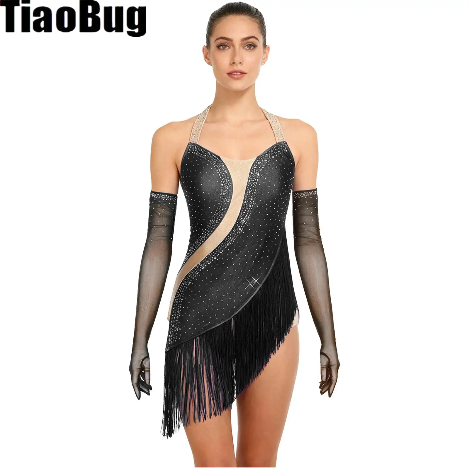 

Womens Latin Dance Leotard Rhinestone Tassel Bodysuit with Gloves Halter Backless Irregular Hem Tango Cha-cha Dance Jumpsuit