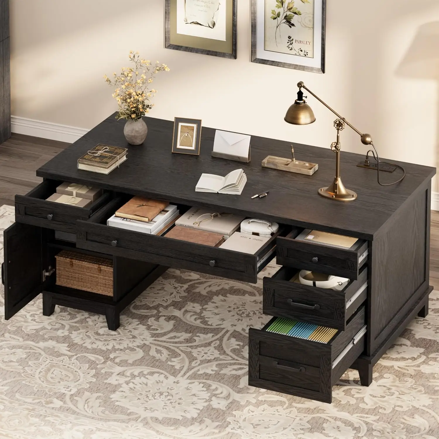 

Письменный стол в стиле фермерского дома с выдвижными ящиками для документов, 60-дюймовый стол для домашнего офиса с зарядной станцией, деревянный компьютерный стол, на заказ