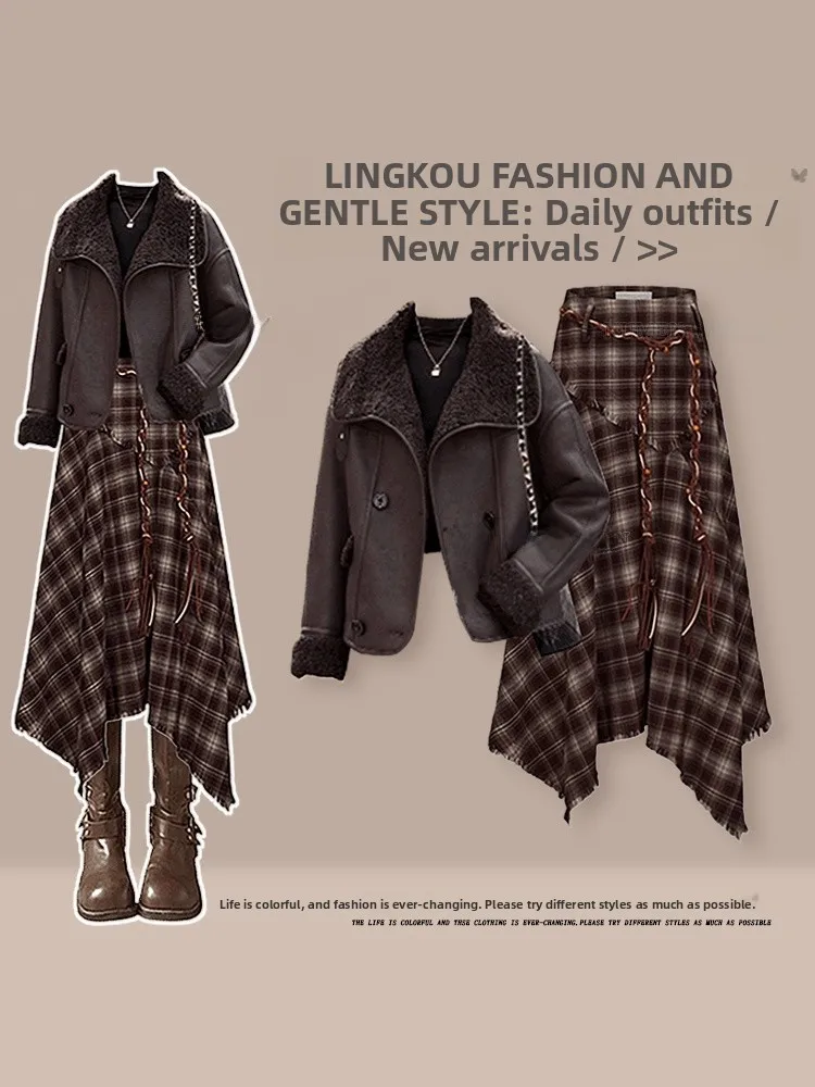 

Faionable plus Size Autumn Winter Set Women's Retro Jaet Leather Outerwear Base irt Design Sense Plaid Skirt Tee...