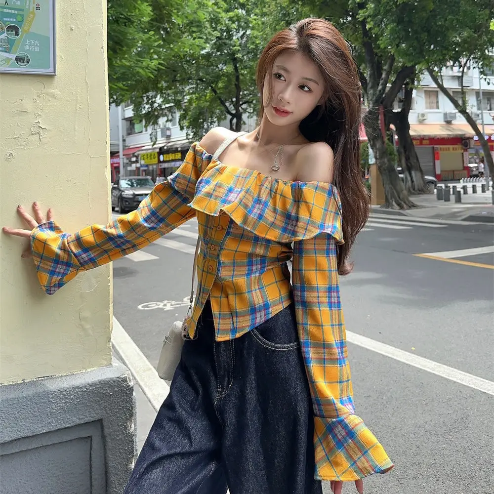 Y2k Sweet Ruffled Plaid Shirt One-shoulder Strapless Flared Sleeves Autumn New Vintage Slim Spice Girls Shirt Women Short Tops
