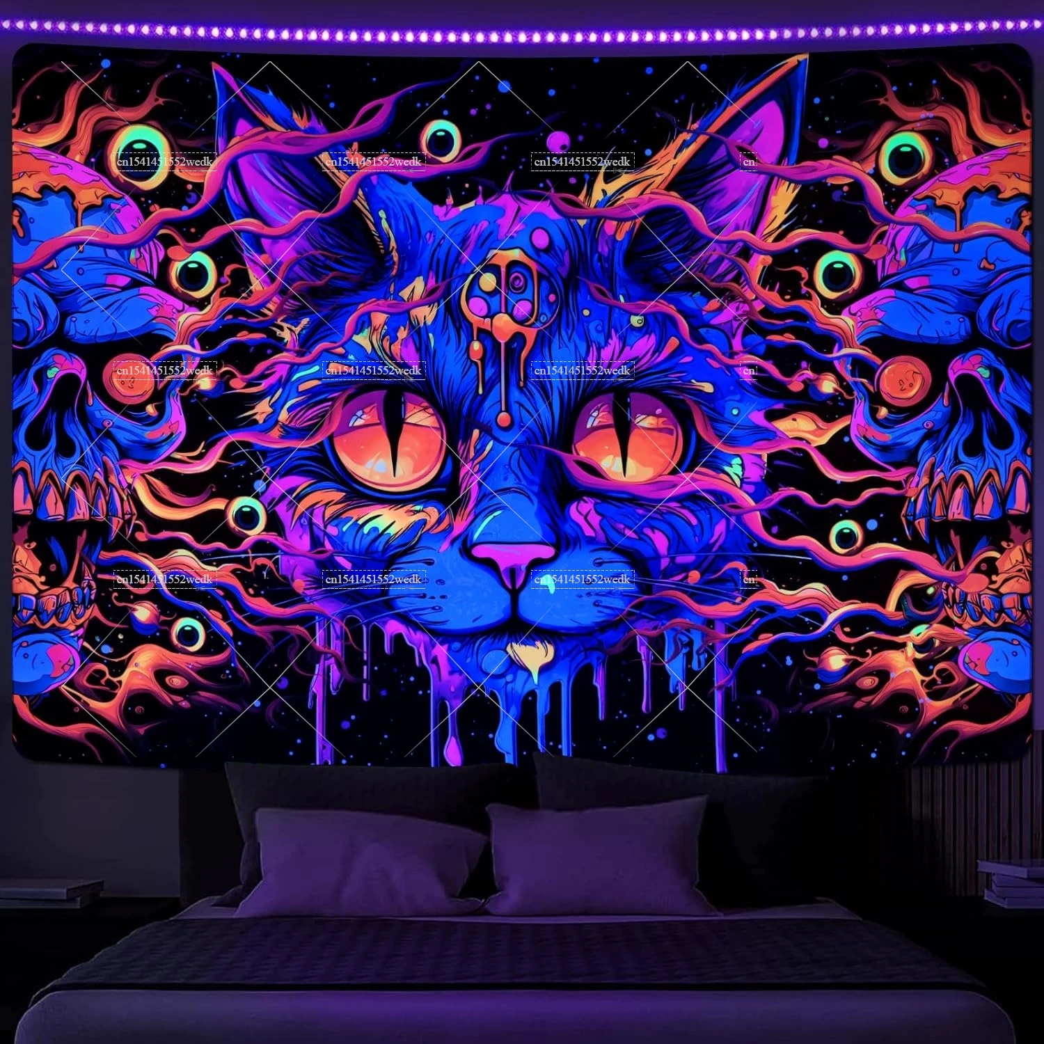 Gothic Cat Skeleton Blacklight Tapestry UV Reactive Neon Wall Hanging Skull Eyes Fluorecent Tapestries Aesthetic Decor Room