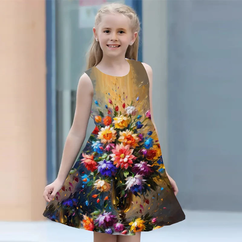 Summer Girl Dress 2024 Kids Clothes Sleeveless O-neck Floral Butterfly 3D Print Princess Dresses For Girls From 2 To 7 Years Old