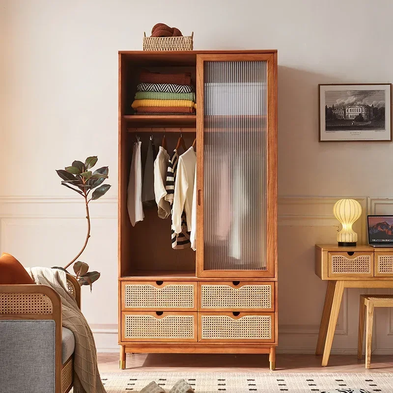 Solid wood glass cabinet door bedroom household small apartment with drawers rattan wardrobe