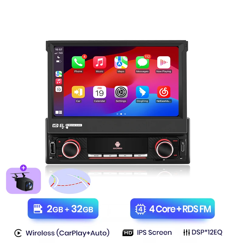 Junsun 7 "Automatisch intrekbaar IPS-aanraakscherm Universeel 1 Din Draadloos CarPlay Android Auto Stereo Radio GPS-navigatie