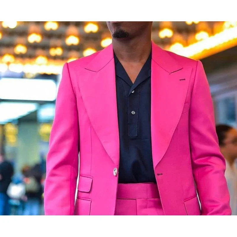 Fashion Hot Pink Men Suits Wedding Terno Clothing Single Breasted Peaked Lapel Double Pockets 2 Piece Jacket Pants Slim Fit