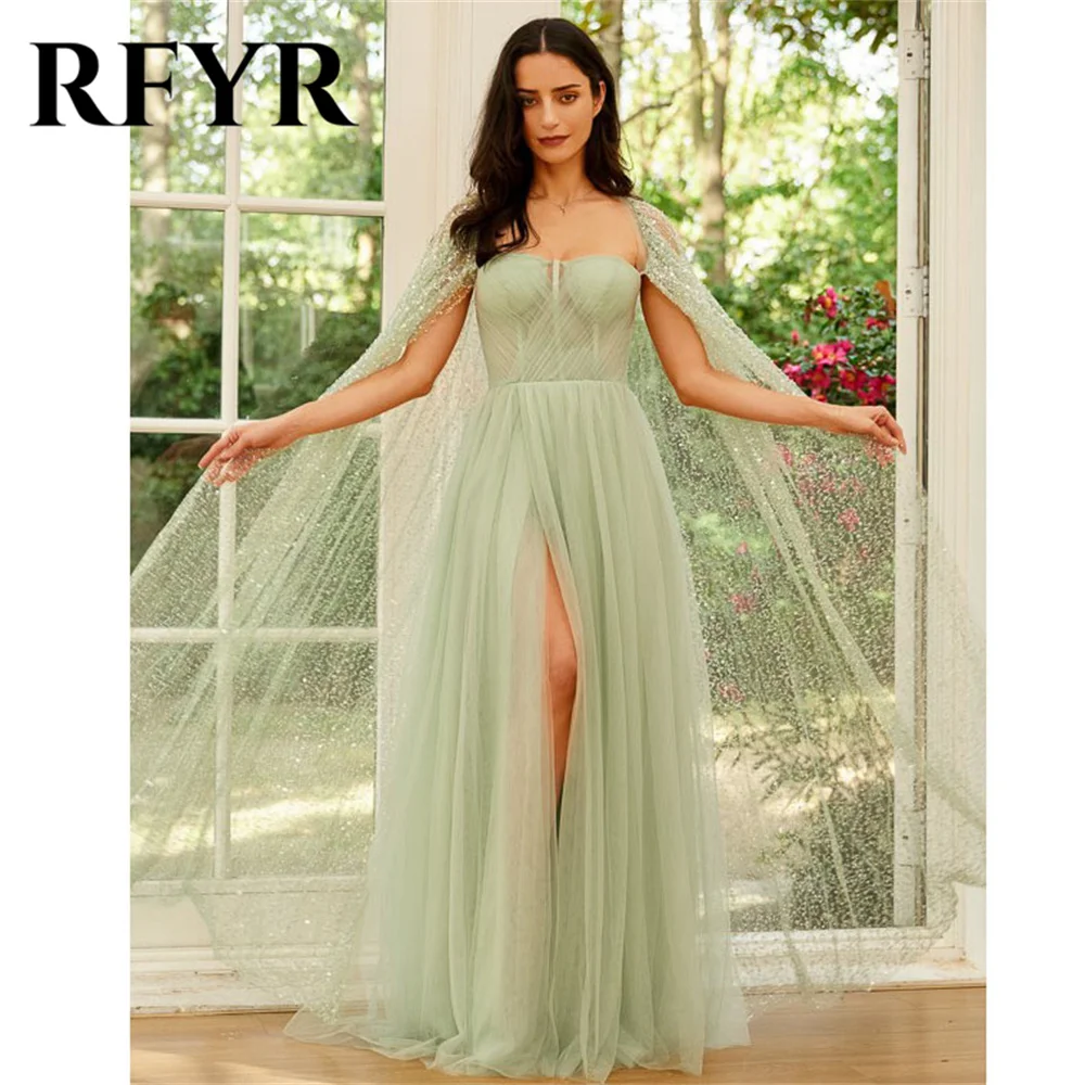 Rfyr Groene Avondjurken Glinsterende Glitter Jas Prom Dress Sweetheart Tulle فساتين مناسبة رسمية Side High Split Party Jurk