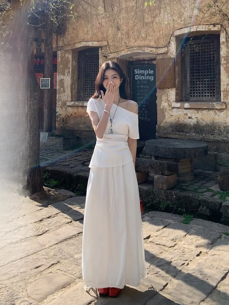 

Женский повседневный комплект Mulvan: футболка с коротким рукавом и юбка-фонарик, с завязками на талии, свободный крой, летний наряд