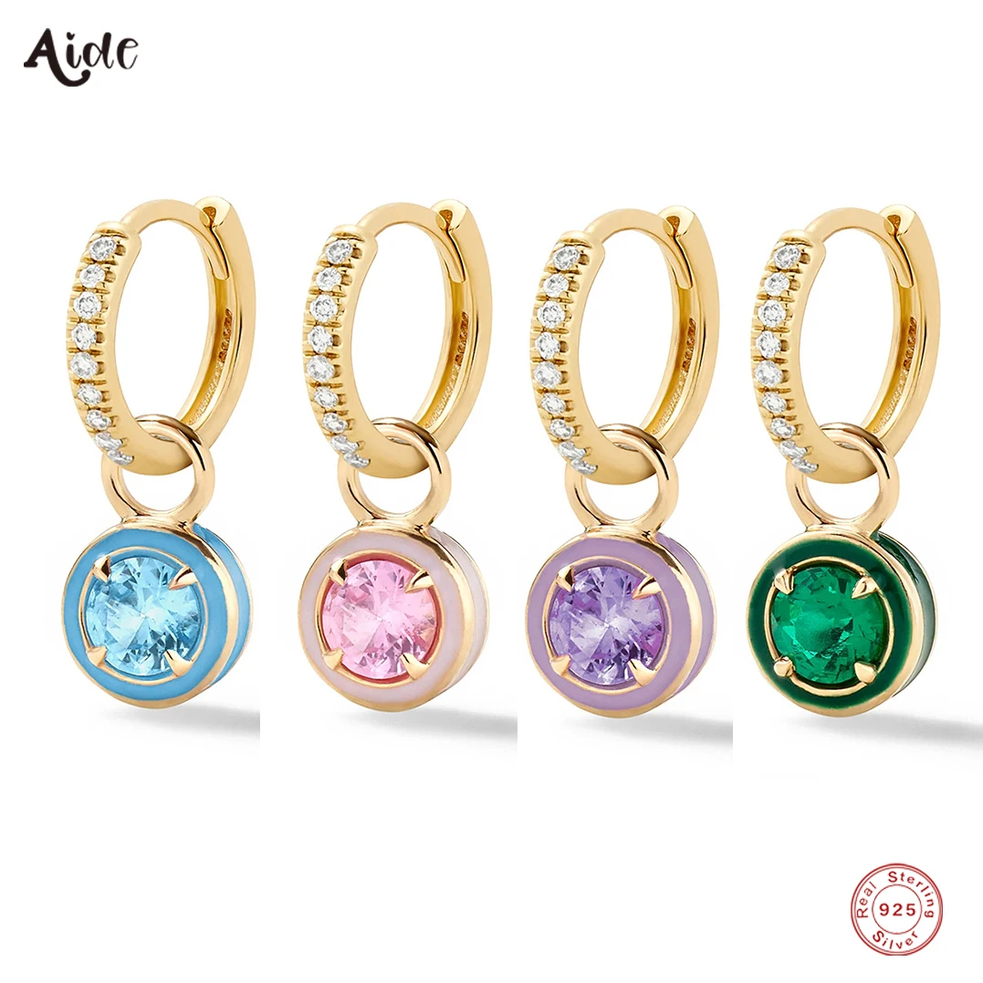 Aide 925 Sterling Silver Colorful Round Zircon Pendant Drop Earrings For Women Girls Shimmering Crystal Pave Circle Earrings 1PC