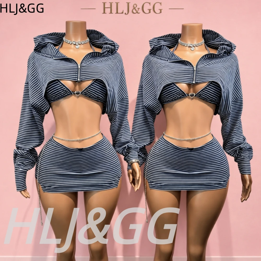 HLJ Black Stripe Print 3 Piece Sets Women Hooded Long Sleeve Crop Top + Bra + Mini Skirts Outfits Y2K Trend Hollow Streetwear