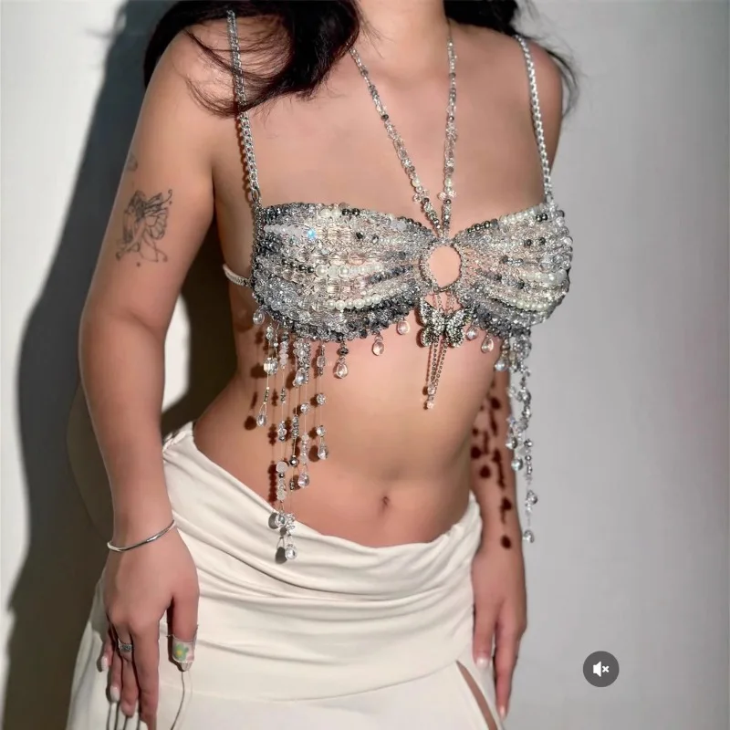 Butterfly Rhinestones Tassel Body Chain Halter Backless Beaded Bra Hollow Out Midnight Club Camis Crop Tops Vacation Beach Vests