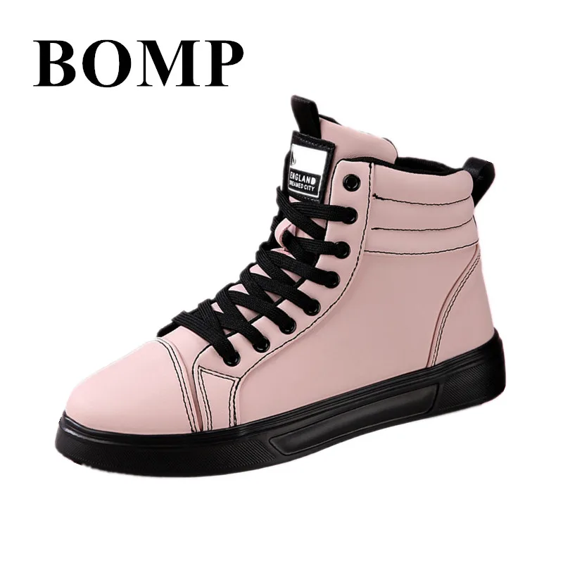 

Fashion Pink Skateboard Shoes Couple Comfy Lightweight High-Top Sneaker Men Plus Size 46 Leather Lace-Up Man Skateboarding Shoes