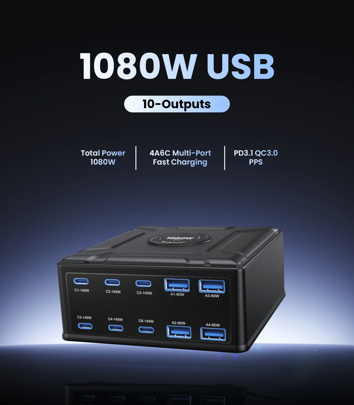10-Port-GaN-USB-Typ-C-Ladegerät 140W PD3.1 PPS QC4.0 100W Multiport-Schnellladestation für iPhone 17 Samsung Laptop Macbook – Detail 1