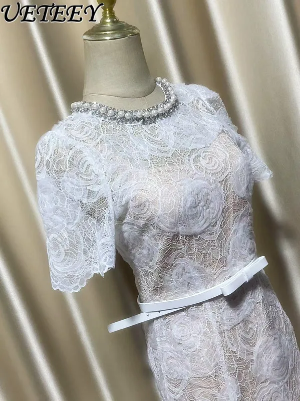 Primavera novedad de verano vestido largo de encaje de manga corta con cuello redondo elegante de cintura alta ajustado vestidos de fiesta de longitud media para mujer