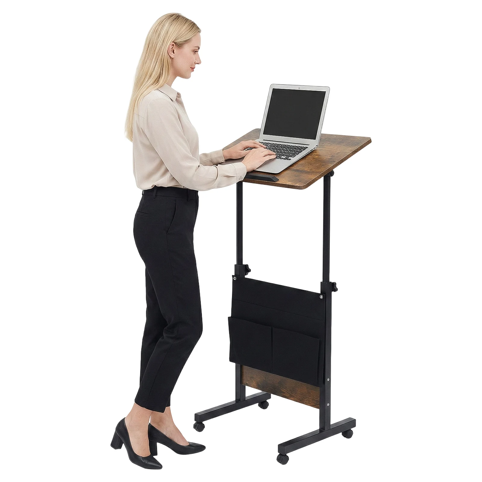 Adjustable Height Standing Desk 32-47in Height 90° Tilt MDF Desktop 22lbs Load Rolling Laptop Workstation Anti-collision Rounded Edge Book Stopper Mobile Computer Podium For Office Study Bedroom