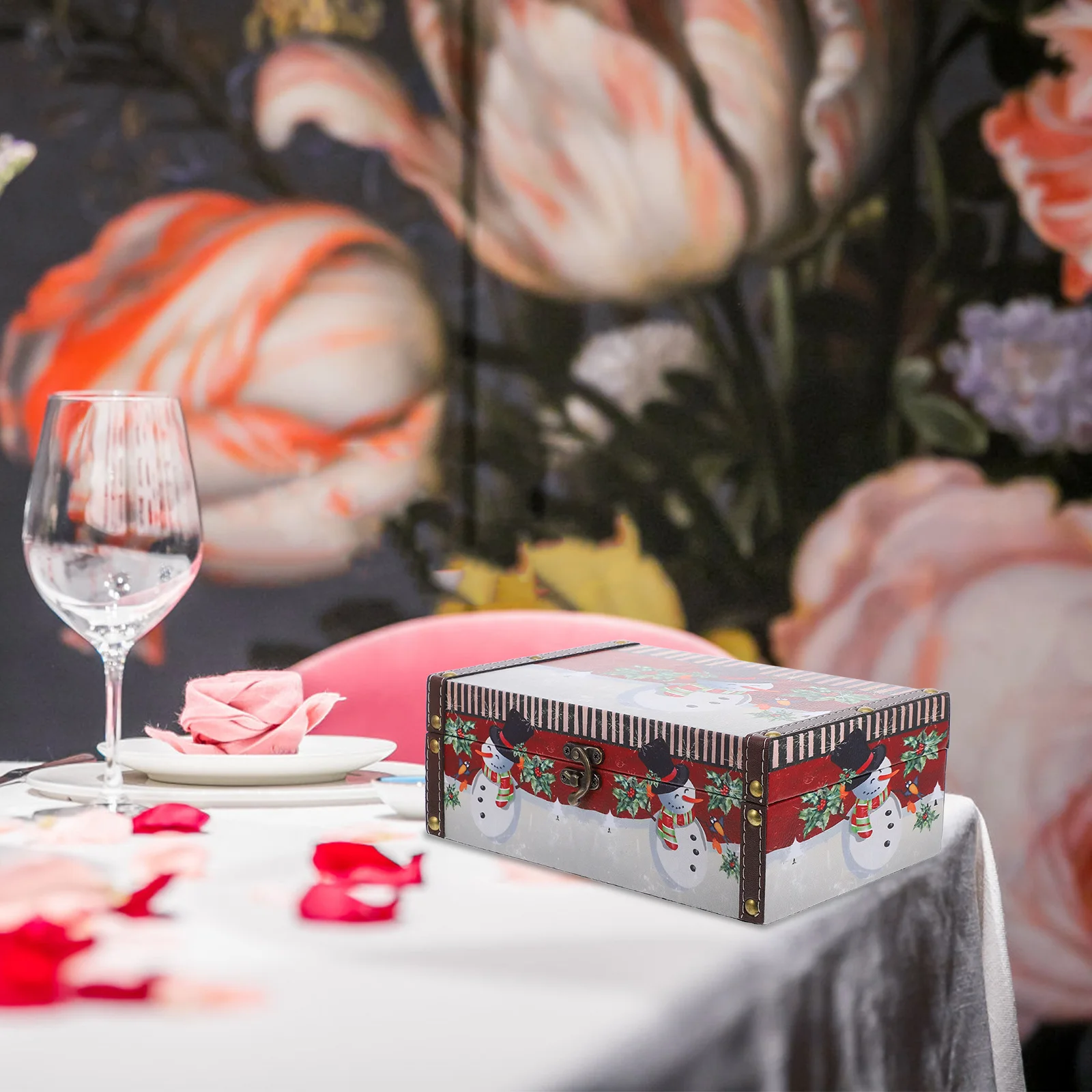 

Christmas Wood Box Wooden Candy Storage Box Vintage Desktop Organizer Hinged Lid Treat Case Christmas Gift Organizer