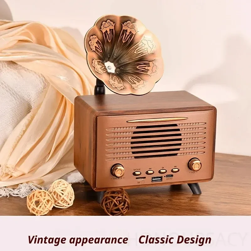 

Retro Trumpet Walnut Wood Bluetooth5.3 Speaker HIFI Stereo Music Player Supports USB TF Card Playback Portable High-end FM Radio