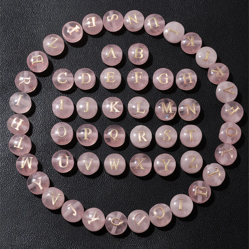 5pcs Cross hole Natural Rose Pink Quartz Stone Alphabet Bead 8mm Round Charms 26 Letter A-Z Beads For DIY Necklace Bracelet Acce view 4