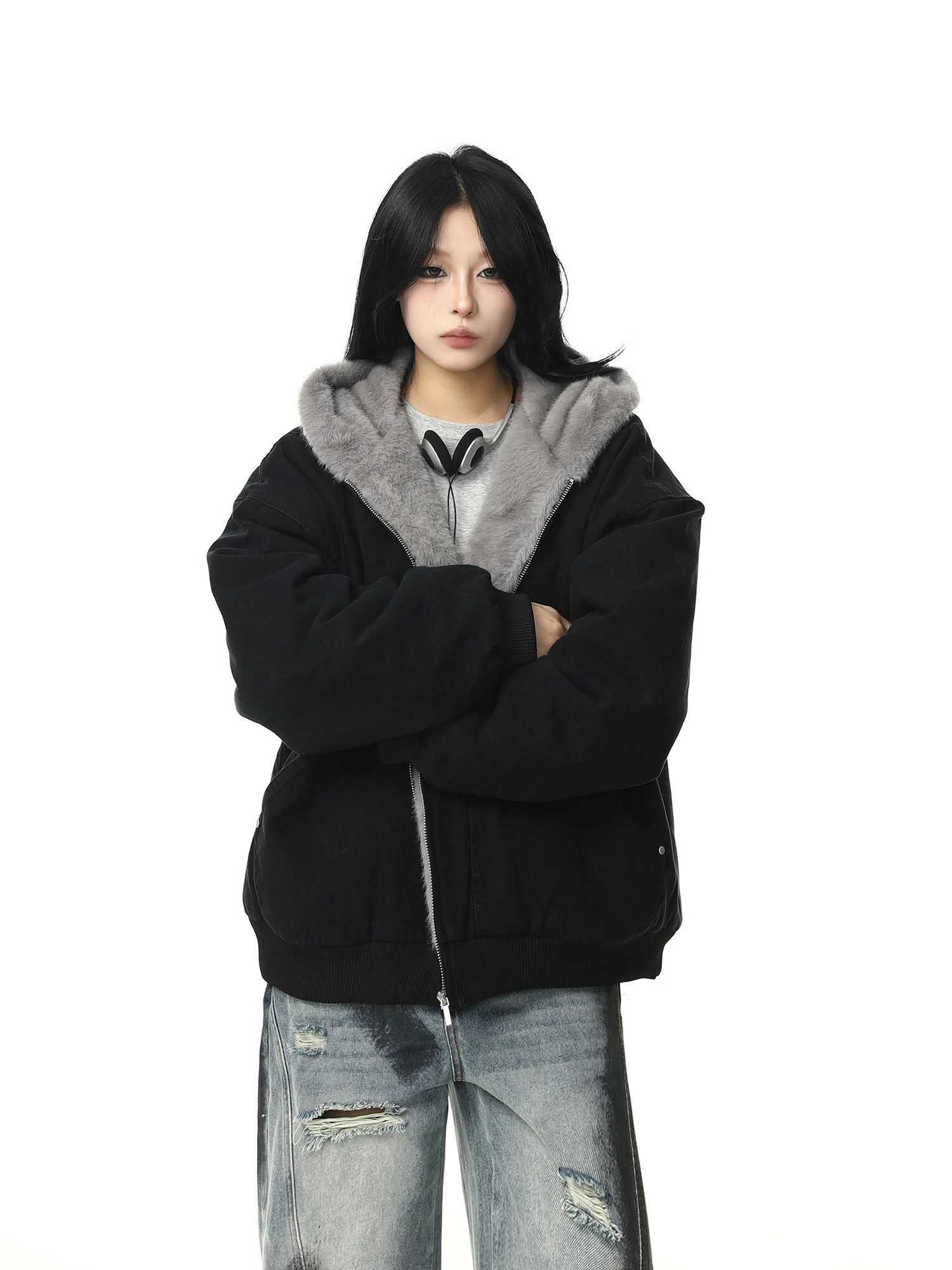 

Хлопковая куртка с воротником из меха дикого кролика, мужская и женская винтажная рабочая одежда, уличная одежда в американском стиле, пальто на молнии с капюшоном