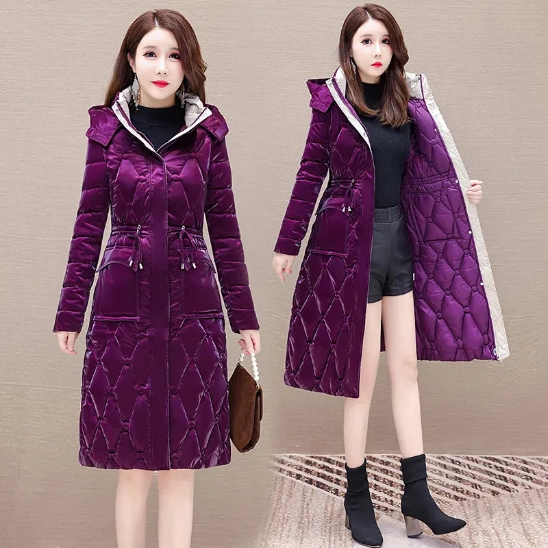 2024 Winter New Glossy Down Cotton Jacket Women\'s New Slim Thicken Hooded Coat Fashion Female Long Warm Padded Parkas Overcoat