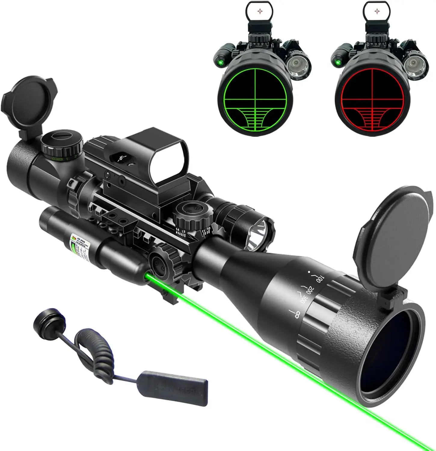 

4-12&16X50 AO Rifle Scope Red/Green Illuminated Range Finder Reticle W/Green Laser - Holographic Reflex Red Dot Sight - 5 Br