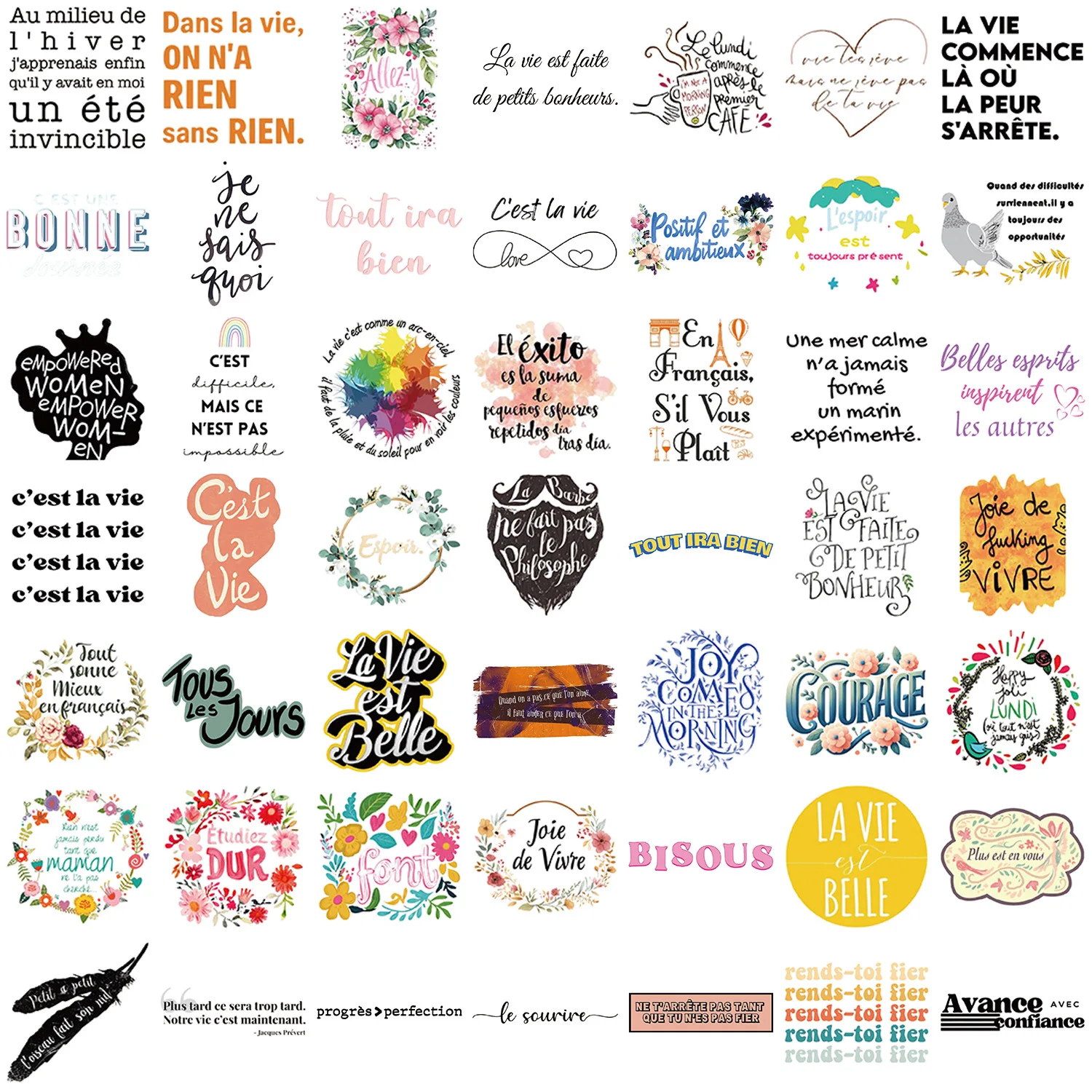 50 Uds. Pegatinas de dibujos animados con frases francesas, decoración de Graffiti inspiradora, juguetes DIY, maleta, nevera, portátil, guitarra, coche, bicicleta, calcomanías