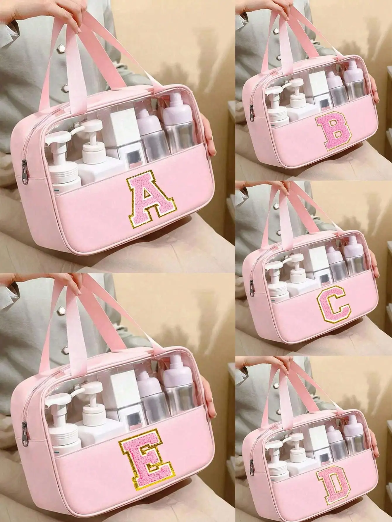 

1pc Multi-Function PVC Toiletry Bag, Transparent PVC Cosmetic Bag, Large Capacity Makeup Bag, DIY Letter Design Makeup Bag, Waterproof Travel Organizer Bag, Minimalist Letter Sticker Travel Cosmetic Bag, Suitable For Cosmetics, Perfume